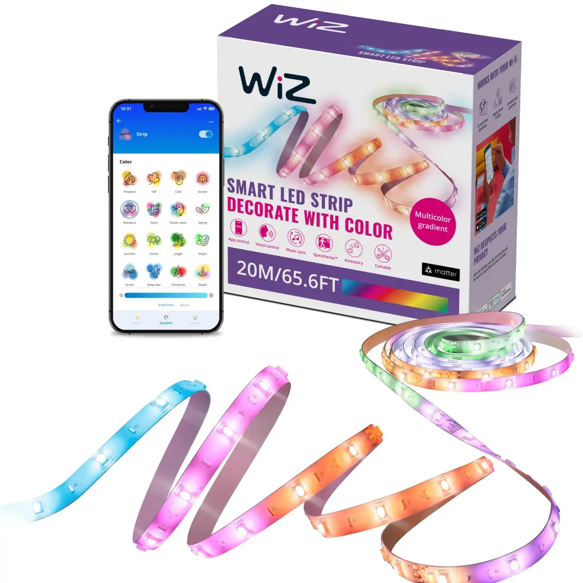 WiZ Connected 65.6 ft (20m) RGBIC LED Light Strip | Flowing Multicolor, App/Voice Control - main product image