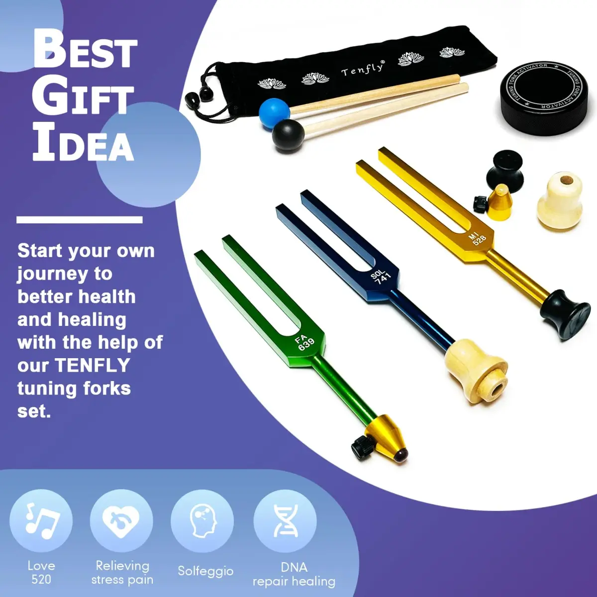 TENFLY Solfeggio Tuning Forks Set - 10 Frequencies, 1.8 lb (0.82 kg) | Medical-Grade Aluminum Alloy - view 5