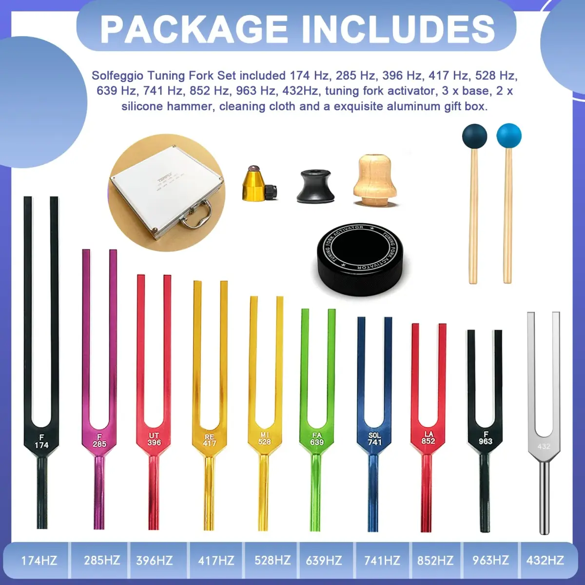 TENFLY Solfeggio Tuning Forks Set - 10 Frequencies, 1.8 lb (0.82 kg) | Medical-Grade Aluminum Alloy - view 2