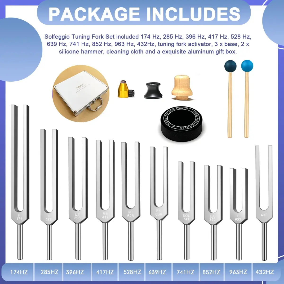 TENFLY Solfeggio Tuning Fork Set 10-Piece 174 Hz - 963 Hz | Medical-Grade Aluminum Alloy - view 2