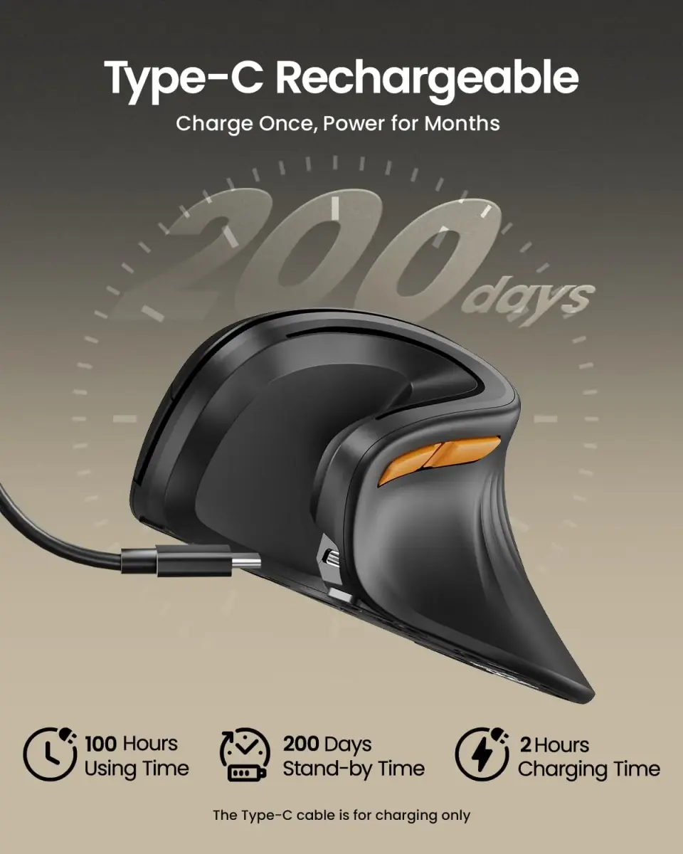 ProtoArc EM11 NL Wireless Ergonomic Vertical Mouse, Black | 13.8cm (5.43in) Length, Connects to 3 Devices - view 4