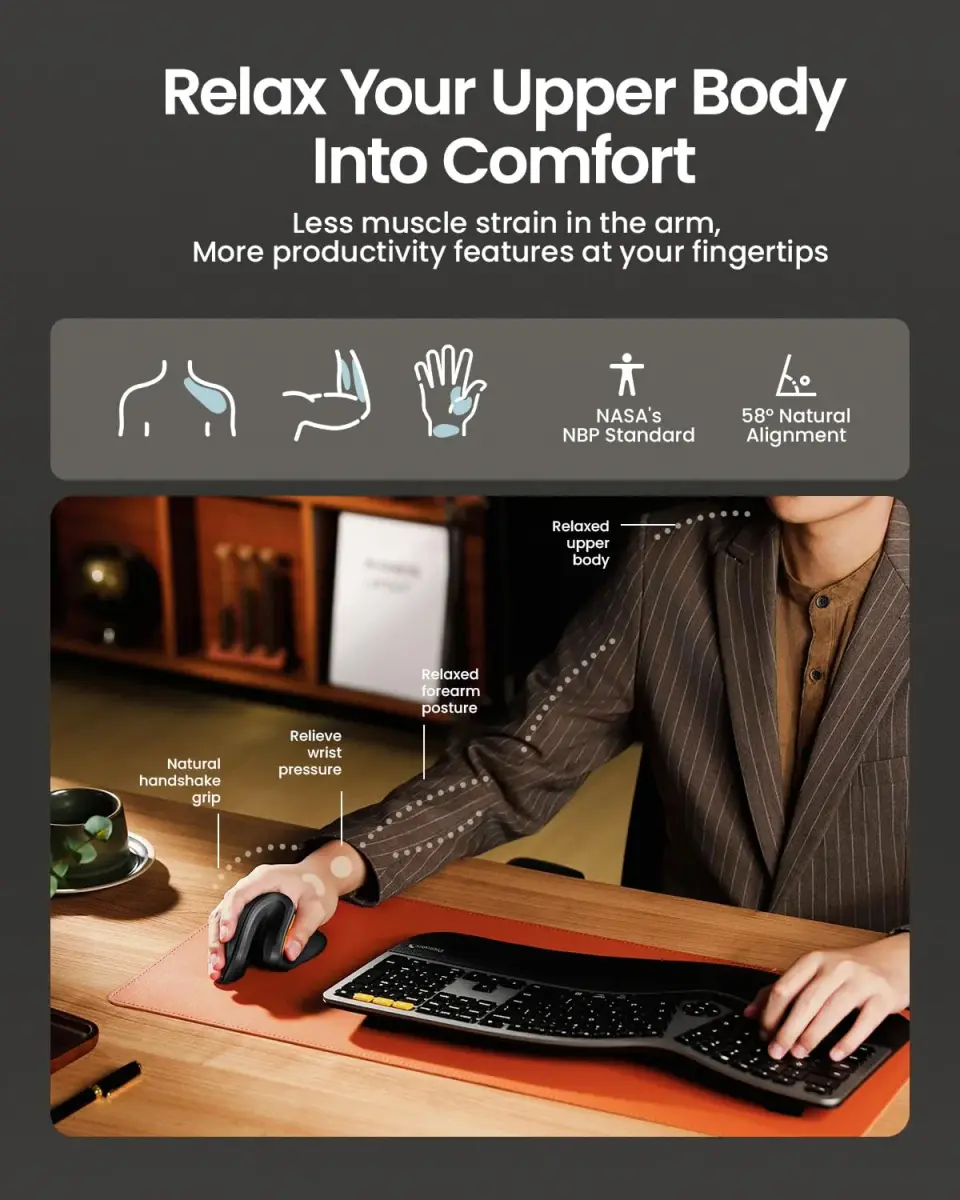 ProtoArc EM11 NL Wireless Ergonomic Vertical Mouse, Black | 13.8cm (5.43in) Length, Connects to 3 Devices - view 5