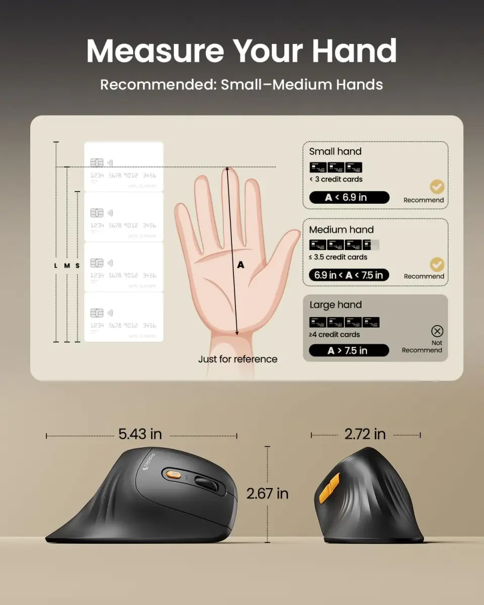 ProtoArc EM11 NL Wireless Ergonomic Vertical Mouse, Black | 13.8cm (5.43in) Length, Connects to 3 Devices - view 6