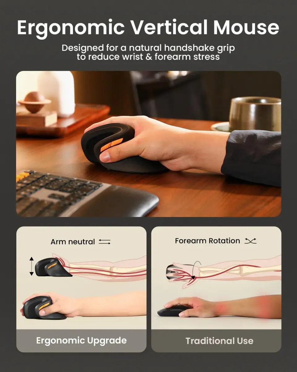 ProtoArc EM11 NL Wireless Ergonomic Vertical Mouse, Black | 13.8cm (5.43in) Length, Connects to 3 Devices - view 7