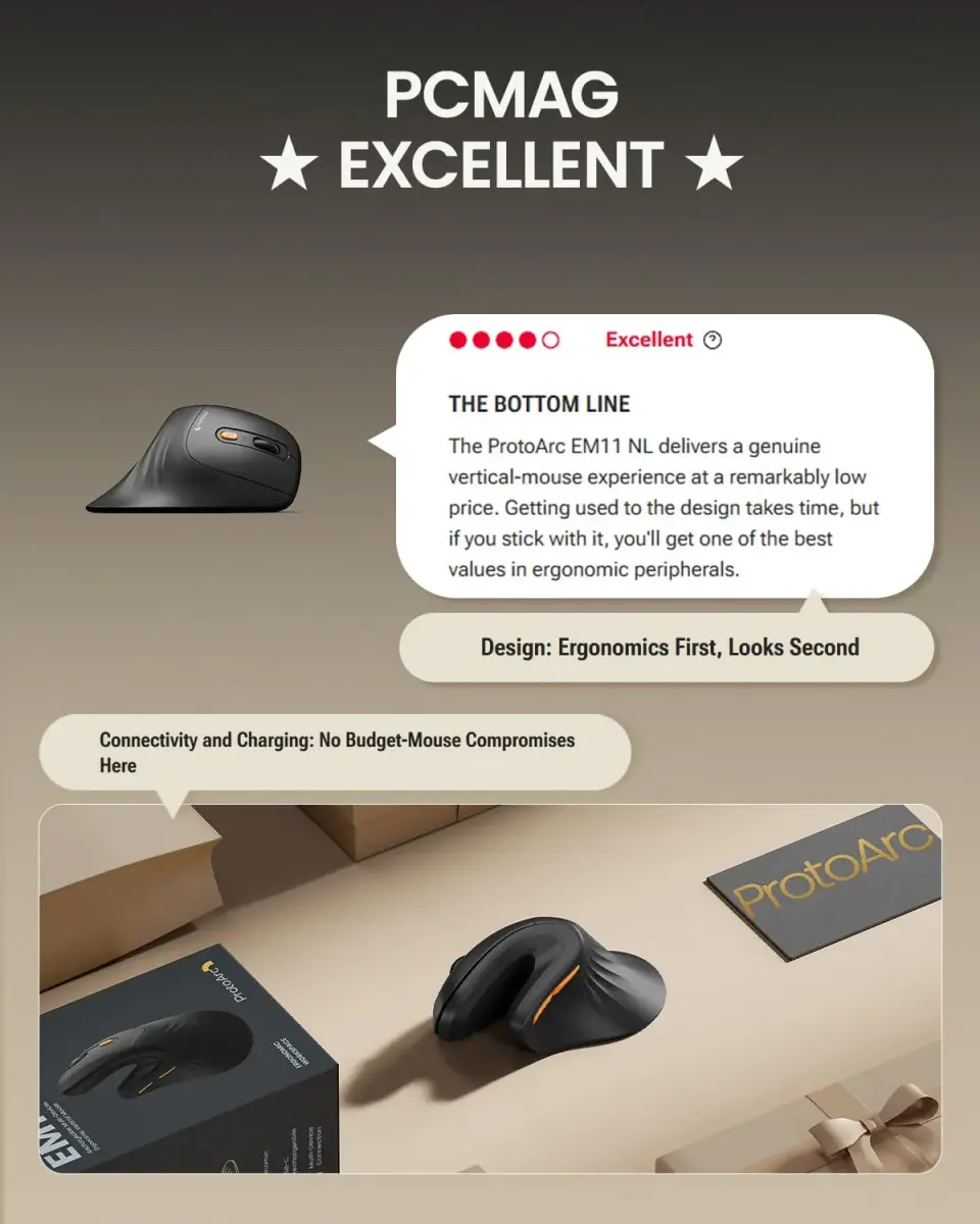 ProtoArc EM11 NL Wireless Ergonomic Vertical Mouse, Black | 13.8cm (5.43in) Length, Connects to 3 Devices - view 9