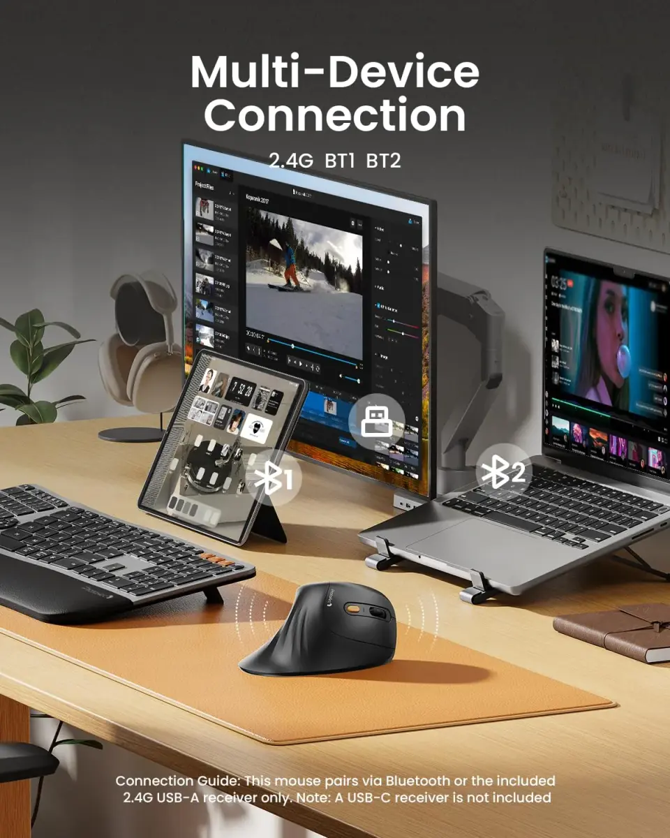 ProtoArc EM11 NL Wireless Ergonomic Vertical Mouse, Black | 13.8cm (5.43in) Length, Connects to 3 Devices - view 3