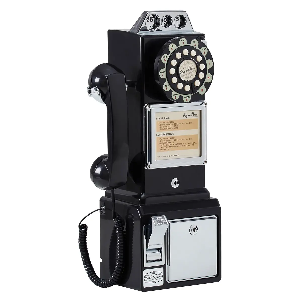 RyanBros 1950's Style Payphone with Coin Bank Corded Landline Phone - Black | Authentic USA Import - main product image