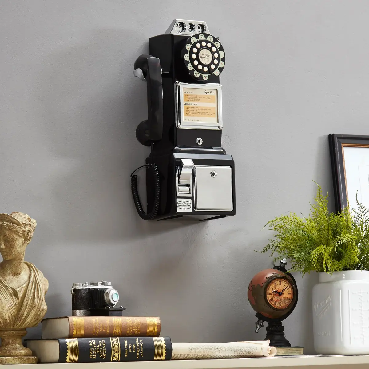 RyanBros 1950's Style Payphone with Coin Bank Corded Landline Phone - Black | Authentic USA Import - view 7