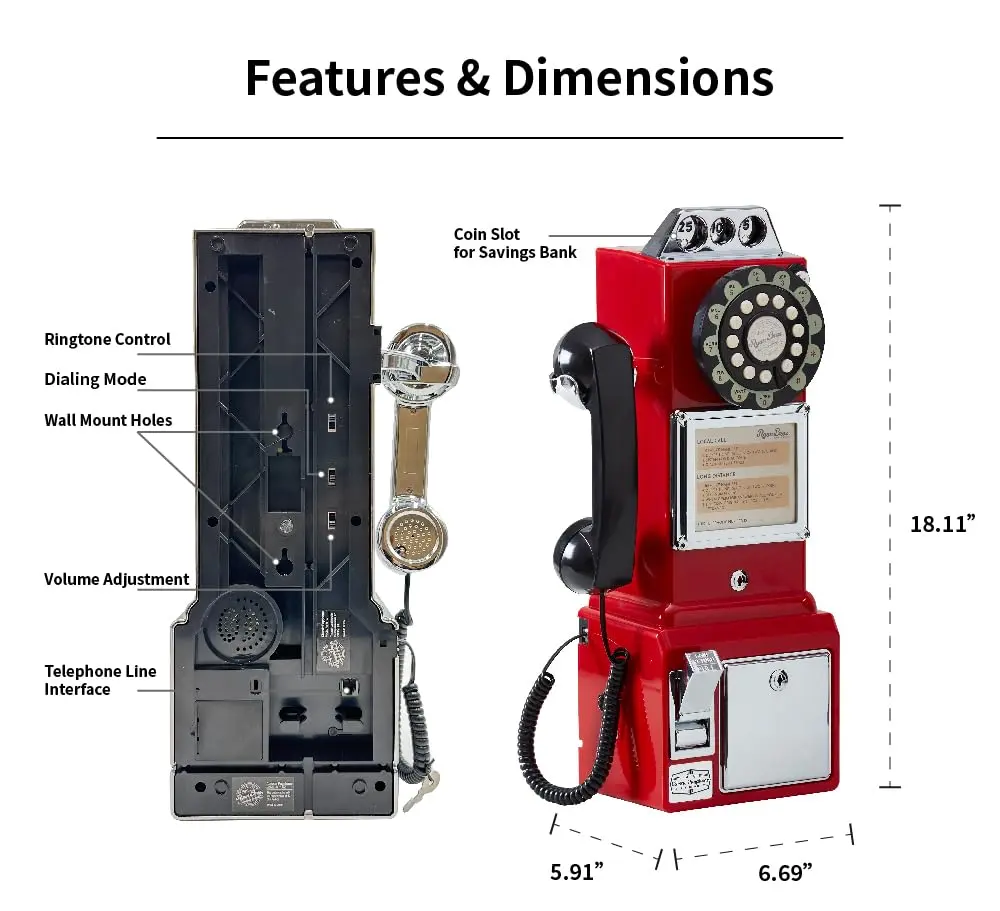 RyanBros 1950's Style Payphone with Coin Bank Corded Landline Phone - Black | Authentic USA Import - view 8