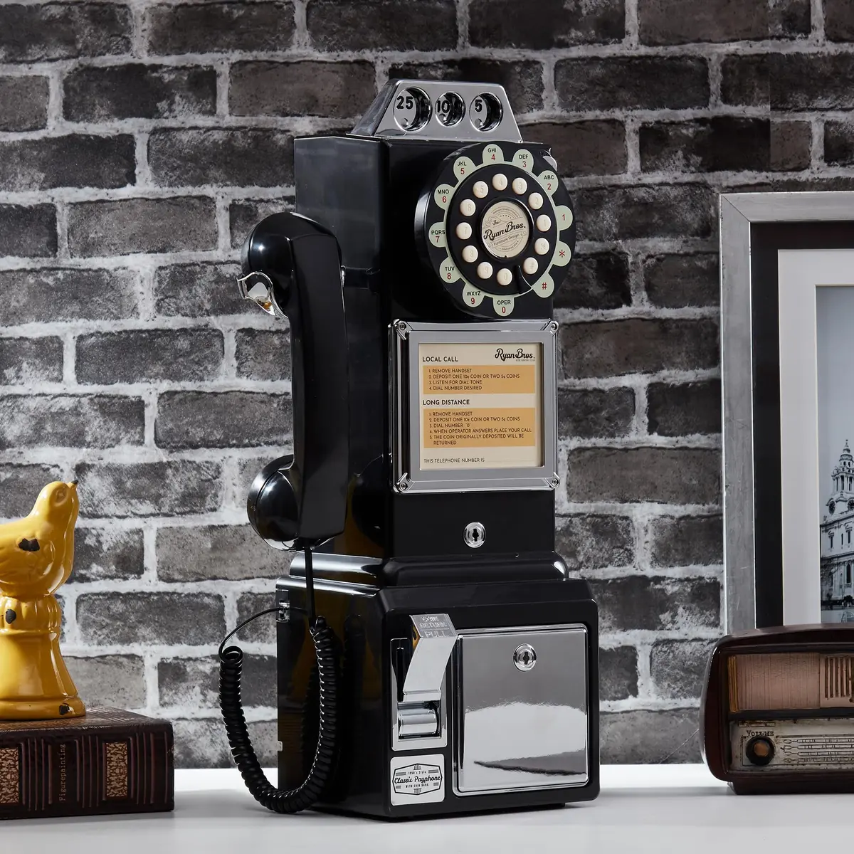 RyanBros 1950's Style Payphone with Coin Bank Corded Landline Phone - Black | Authentic USA Import - view 2