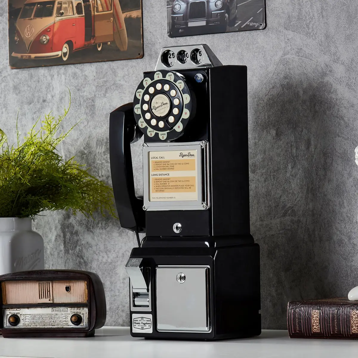 RyanBros 1950's Style Payphone with Coin Bank Corded Landline Phone - Black | Authentic USA Import - view 3