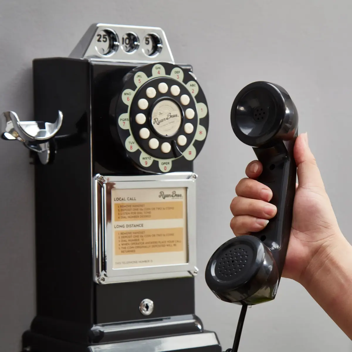 RyanBros 1950's Style Payphone with Coin Bank Corded Landline Phone - Black | Authentic USA Import - view 4