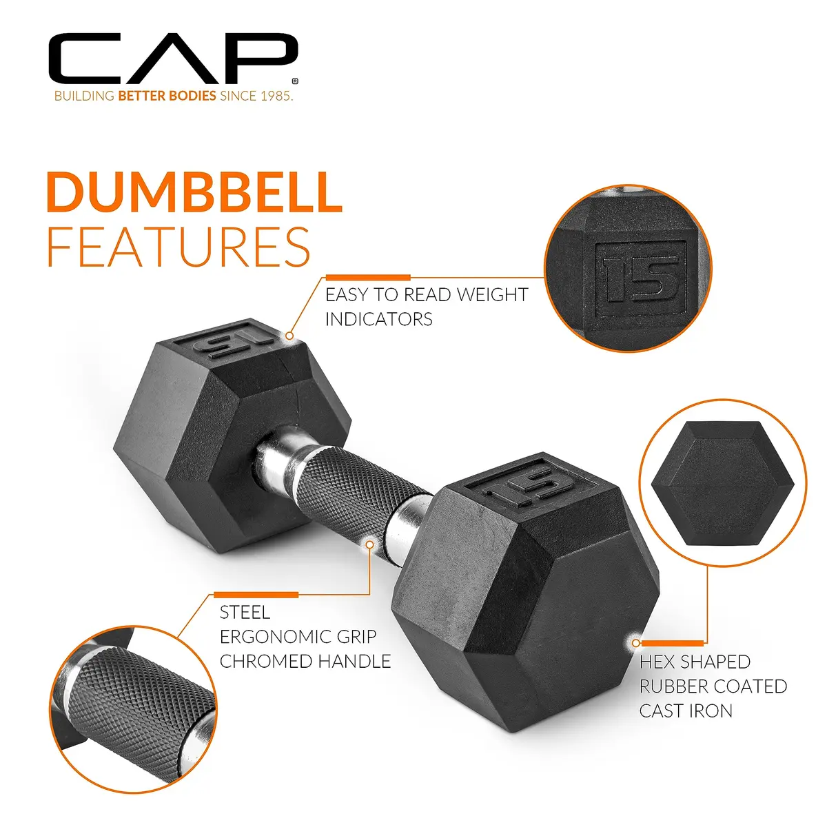 CAP 8lb Rubber Coated Hex Dumbbell | Comfort Grip, Anti-Roll, Durable for Home & Gym - view 3
