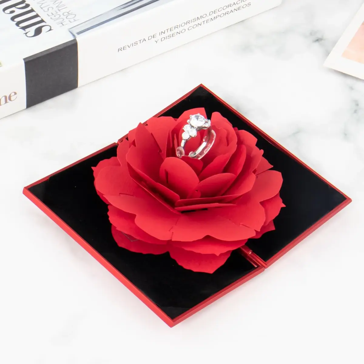 wonuu Rhombus Shaped Red Engagement Ring Box | Surprise Jewelry Storage Holder for Women, Proposal, Engagement, Wedding Gift (15cm x 7cm x 2cm) - view 2