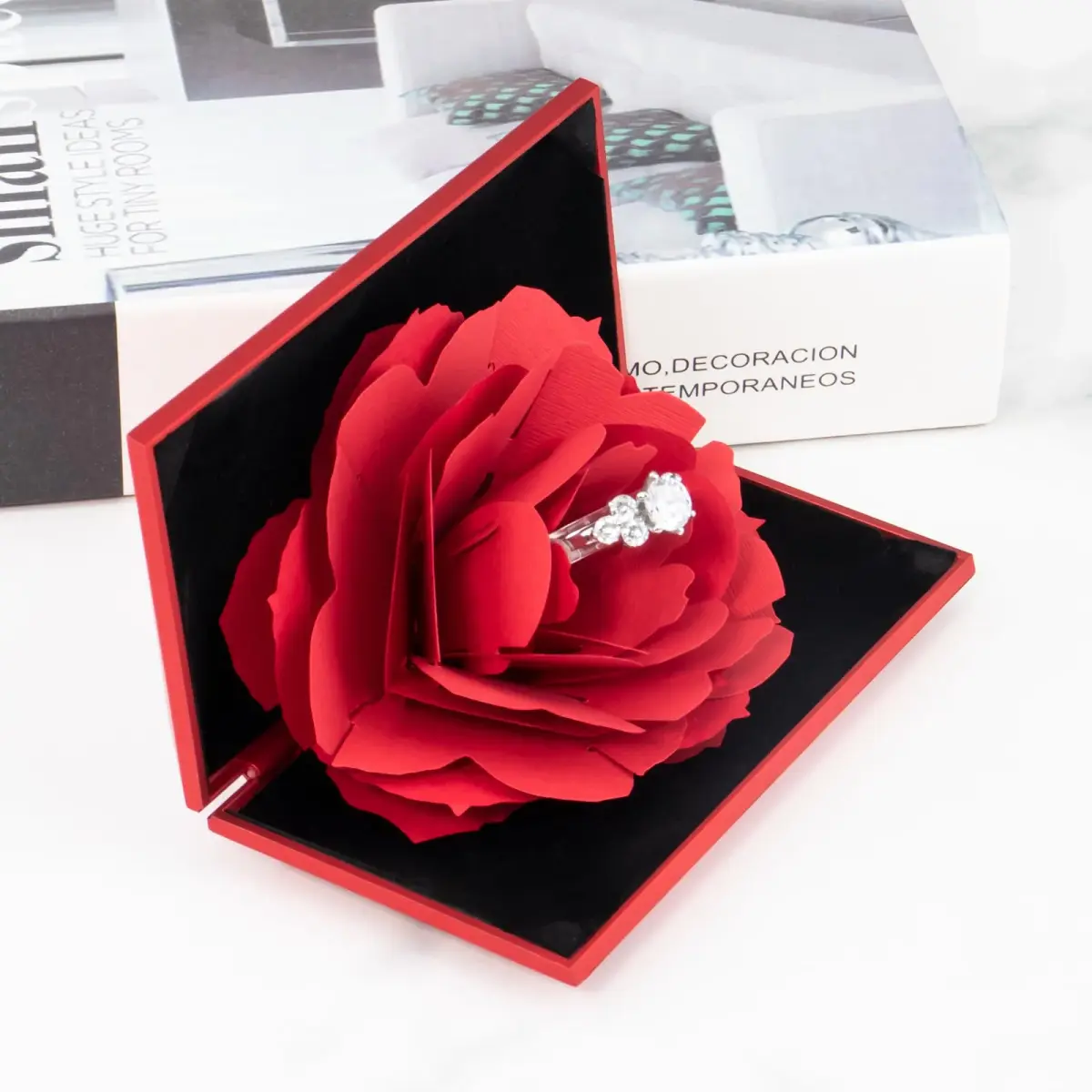 wonuu Rhombus Shaped Red Engagement Ring Box | Surprise Jewelry Storage Holder for Women, Proposal, Engagement, Wedding Gift (15cm x 7cm x 2cm) - view 3