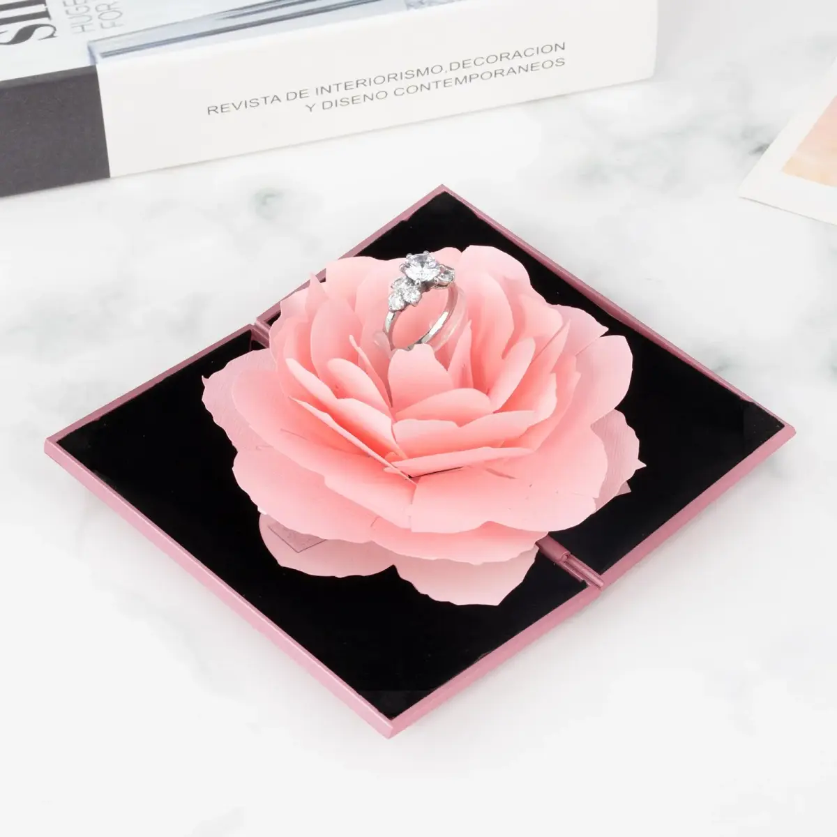 wonuu Rhombus Shaped Engagement Ring Box with Flannel Lining | Surprise Proposal Jewelry Storage Holder for Women (Pink) - view 2