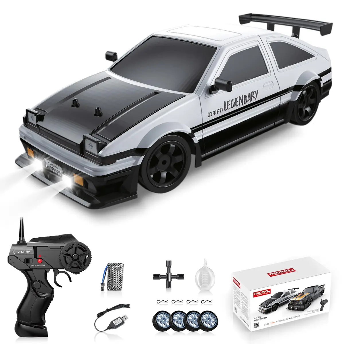 Sakeye 1/16 Scale RC Drift Car with Smoke LED Lights & 4WD, White | 18KM/H Speed, 35m Range - main product image