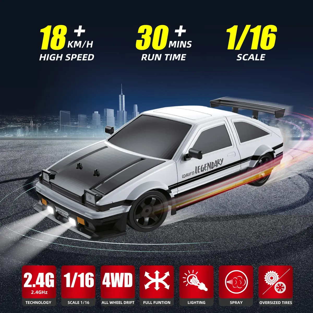 Sakeye 1/16 Scale RC Drift Car with Smoke LED Lights & 4WD, White | 18KM/H Speed, 35m Range - view 2