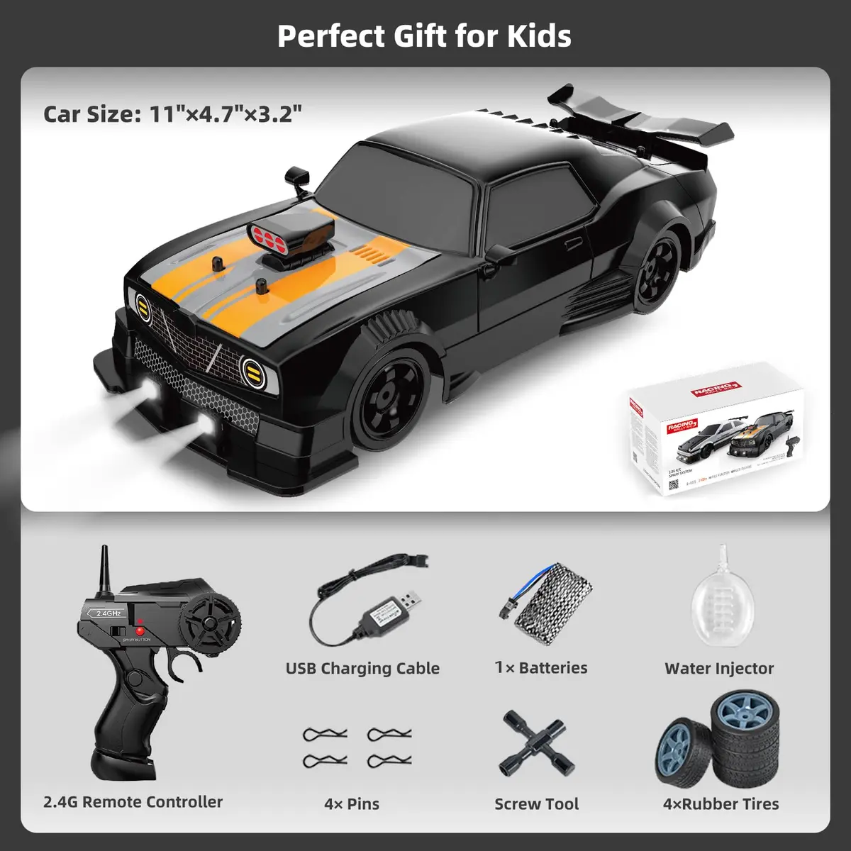 Sakeye 1/16 Scale RC Drift Car with Spray & Lights, 4WD High-Speed Remote Control Car with Extra Tires (Black) - view 6