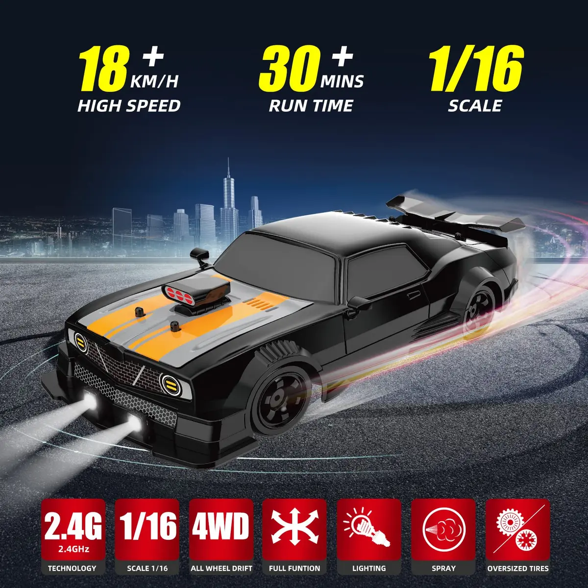 Sakeye 1/16 Scale RC Drift Car with Spray & Lights, 4WD High-Speed Remote Control Car with Extra Tires (Black) - view 2