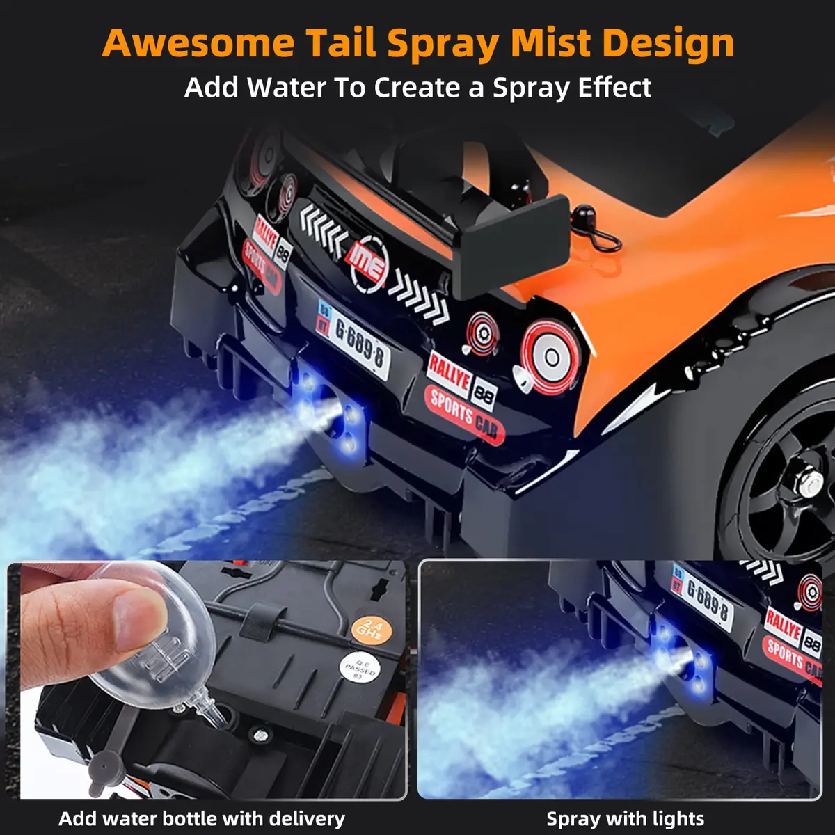 Sakeye 1/16 Scale RC Drift Car with Spray & Lights, 4WD High-Speed Remote Control Car with Extra Tires (Black) - view 3