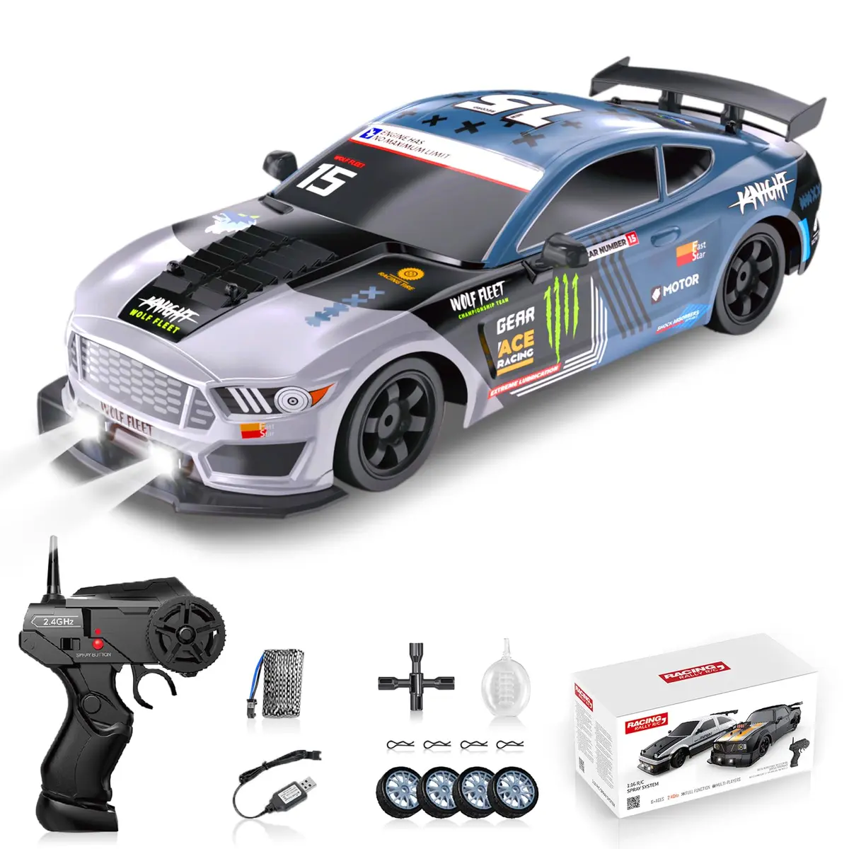 Sakeye 1:16 Scale RC Drift Car with Spray & LED Lights, 10-12 Inch Blue+wh | 4WD Remote Control Toy for Boys & Kids - main product image
