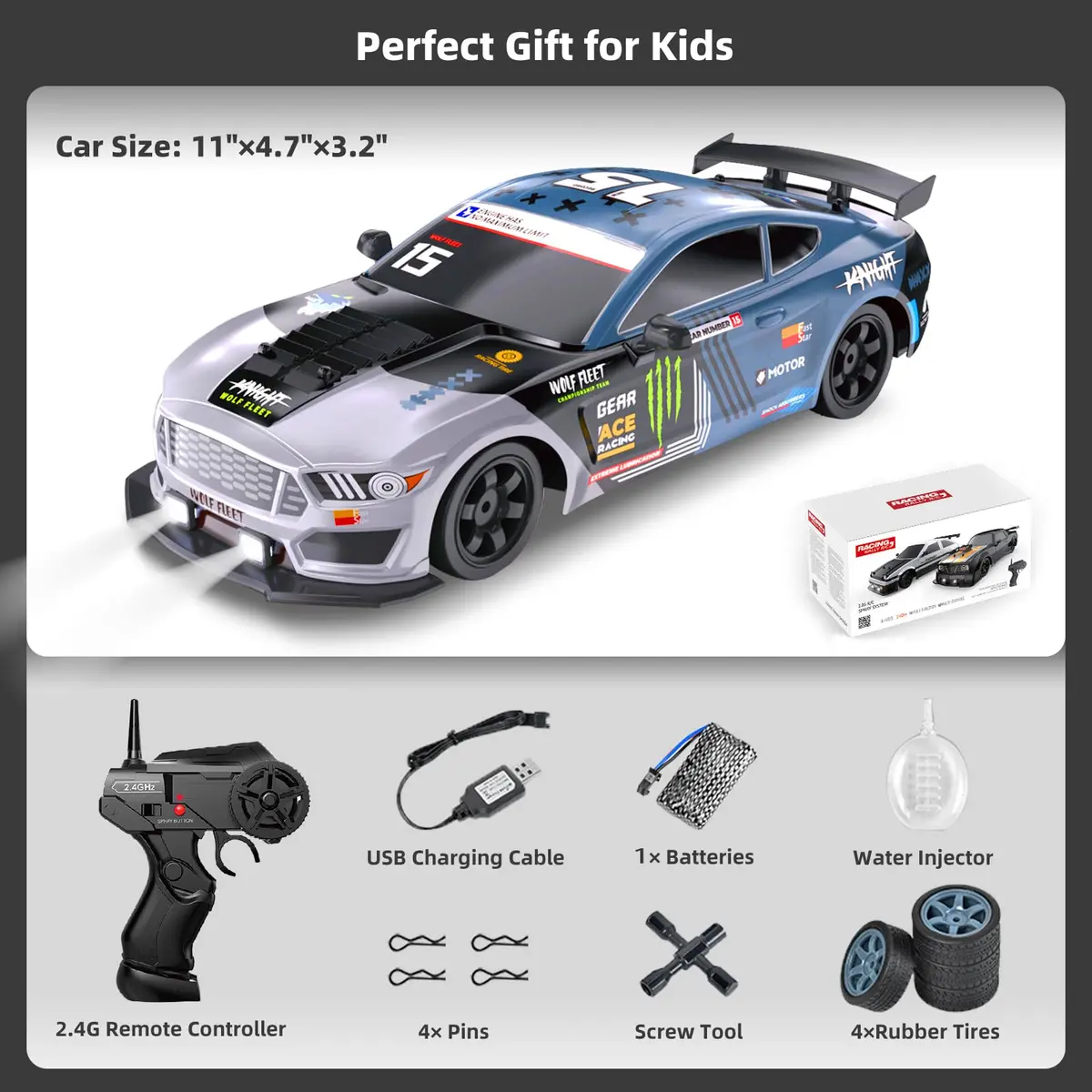 Sakeye 1:16 Scale RC Drift Car with Spray & LED Lights, 10-12 Inch Blue+wh | 4WD Remote Control Toy for Boys & Kids - view 6