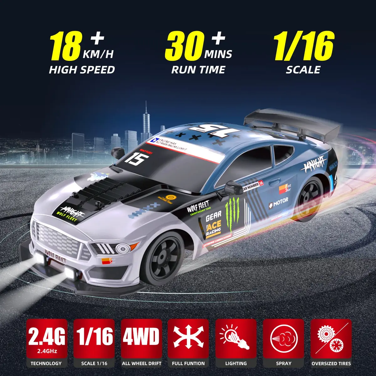 Sakeye 1:16 Scale RC Drift Car with Spray & LED Lights, 10-12 Inch Blue+wh | 4WD Remote Control Toy for Boys & Kids - view 2