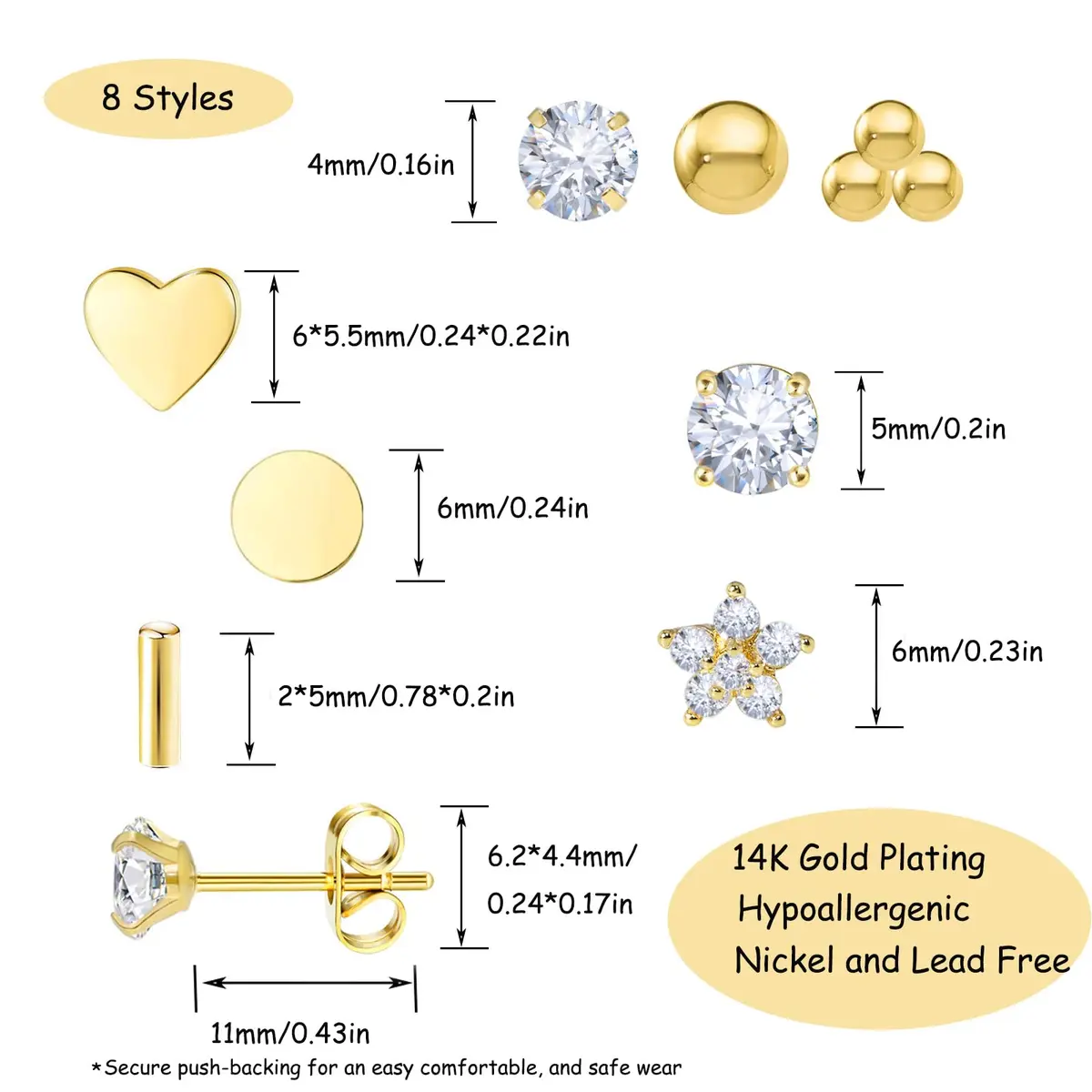 DAILI Gold Stud Earrings Hypoallergenic Titanium for Multiple Piercings | 20 Gauge, 11mm Post - view 6