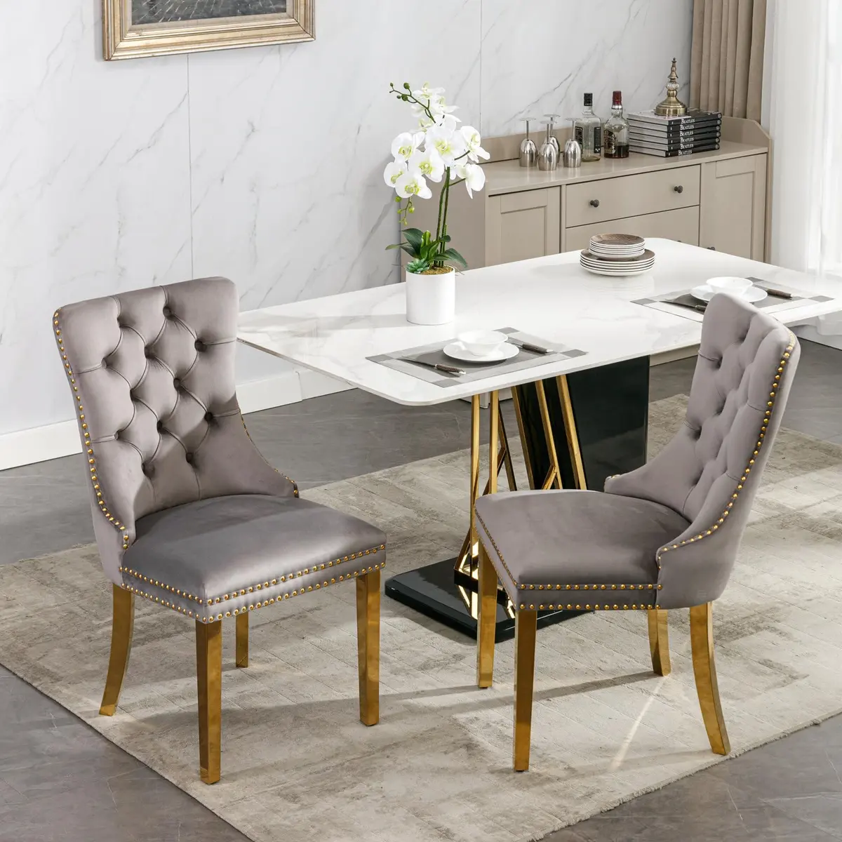 Brisca Velvet Upholstered Dining Chair Set of 2 | Gray & Gold, Solid Wood Frame, Contemporary Design - main product image
