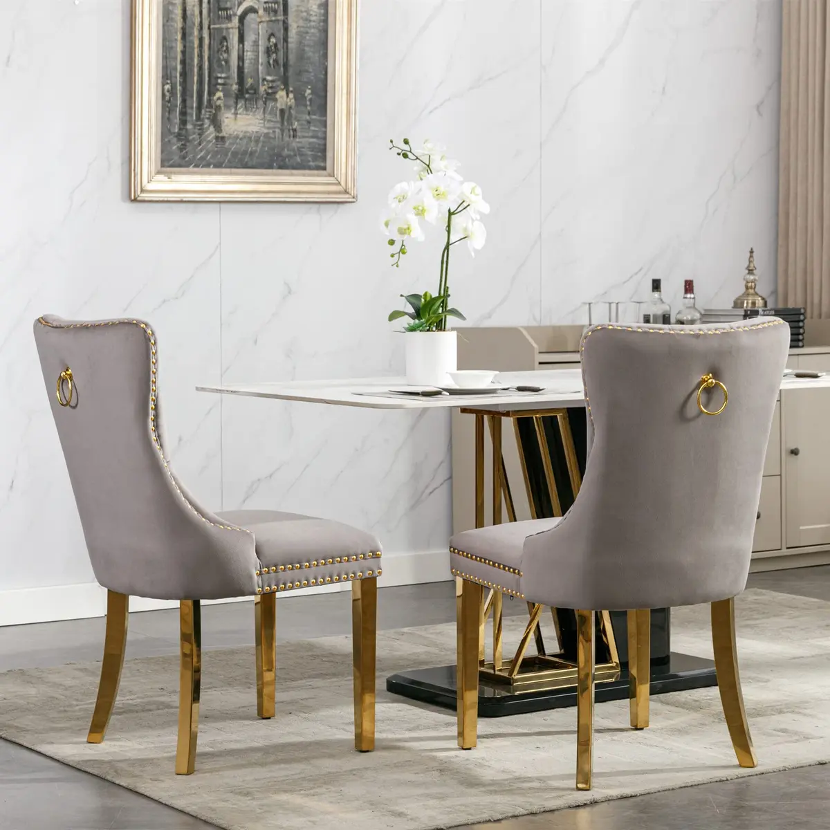 Brisca Velvet Upholstered Dining Chair Set of 2 | Gray & Gold, Solid Wood Frame, Contemporary Design - view 2