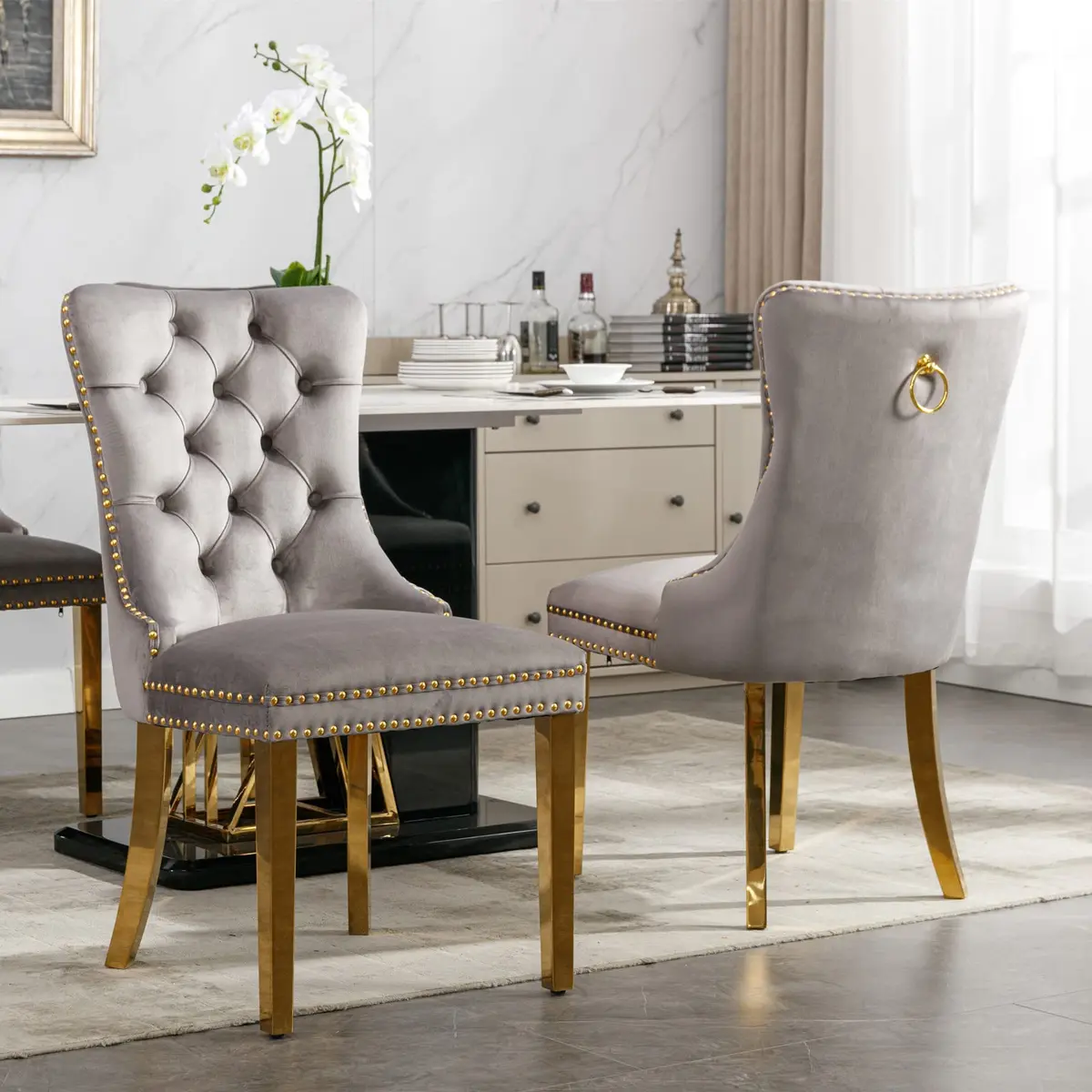 Brisca Velvet Upholstered Dining Chair Set of 2 | Gray & Gold, Solid Wood Frame, Contemporary Design - view 4