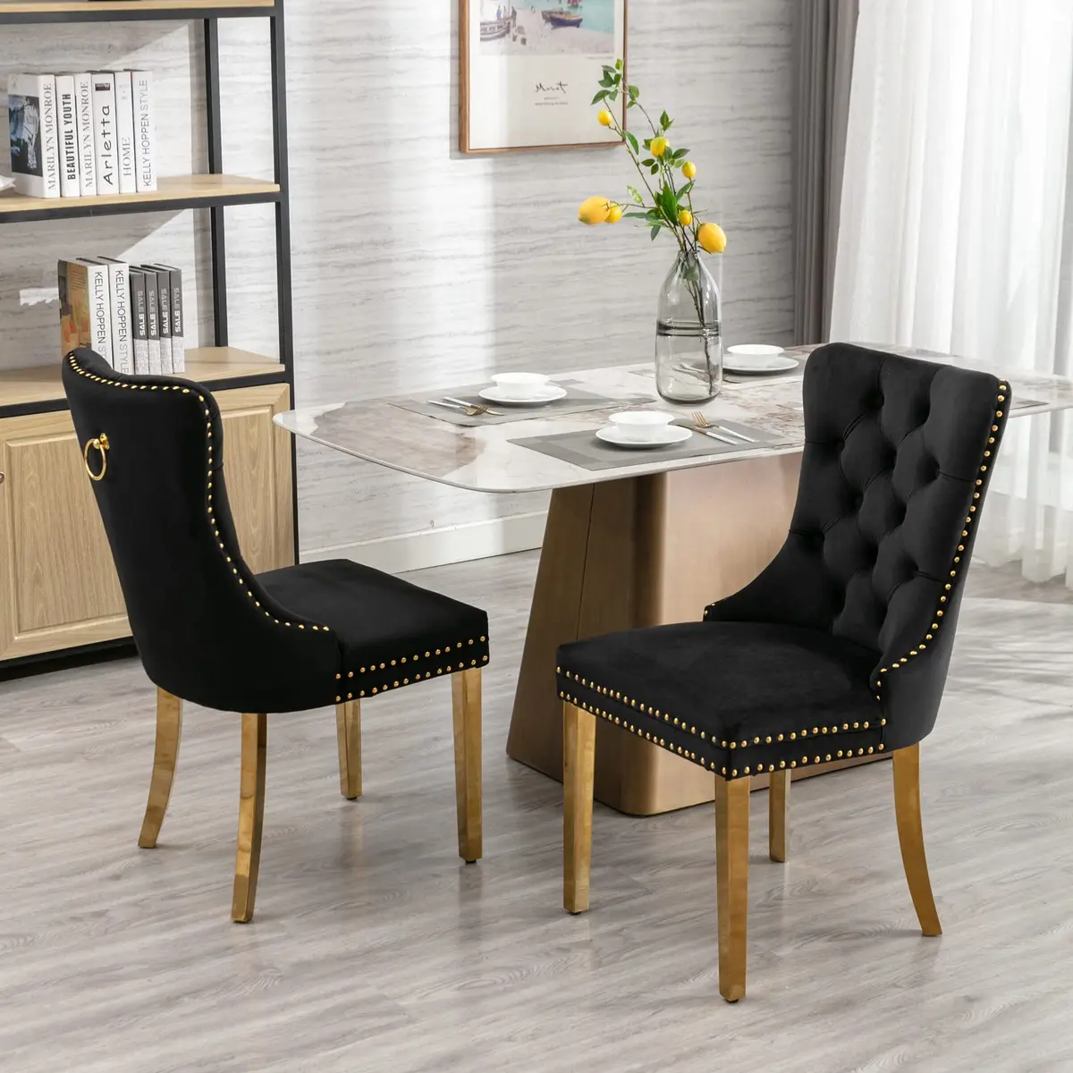 Brisca Velvet Upholstered Dining Chair Set of 2 | Solid Wood Frame & Golden Legs, Contemporary Design, 37.5" Height - main product image
