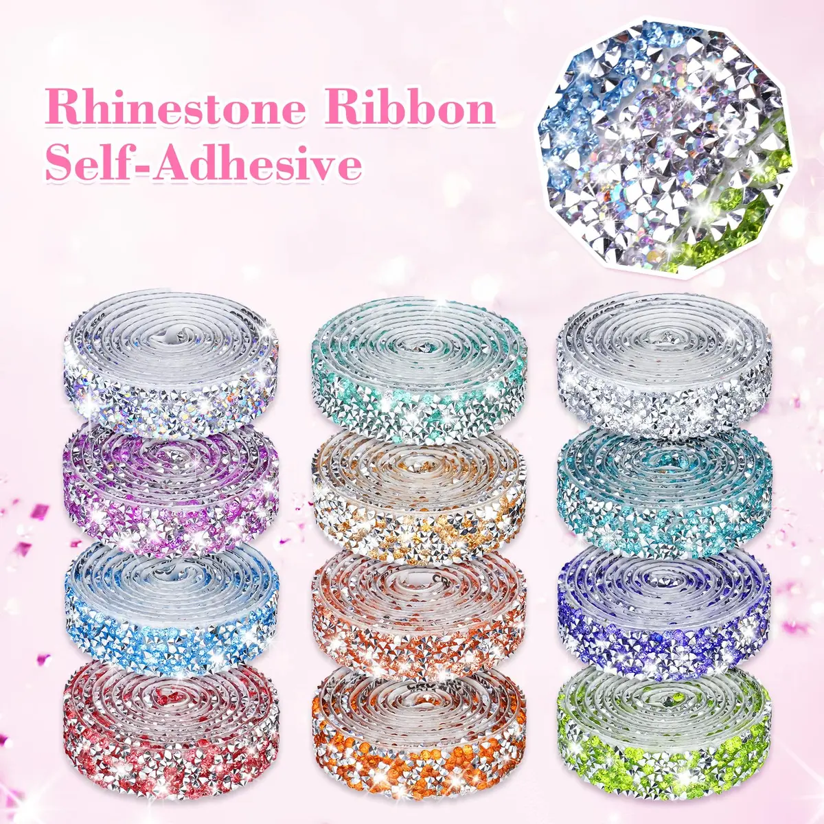 NiArt Self Adhesive Rhinestone Ribbon 12 Rolls 12 Yards Classic Decor - view 4