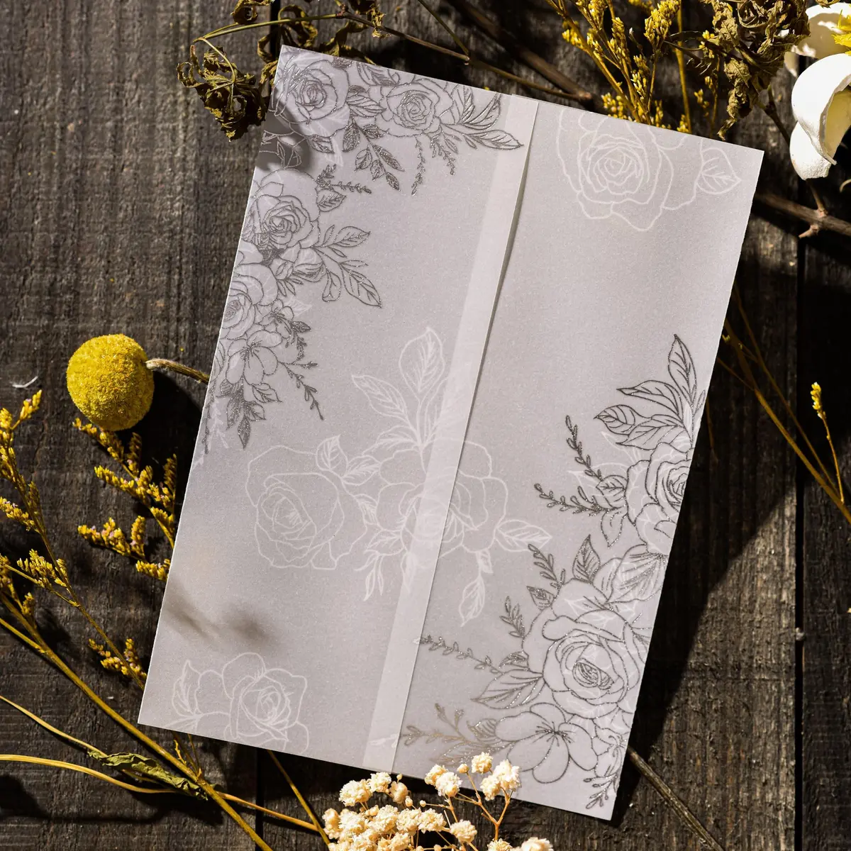 Puremigo 50 Pack Pre-Folded Vellum Jackets for 5x7 Invitations - Silver Rose - 115GSM Vellum Paper 5x7 Jackets - main product image