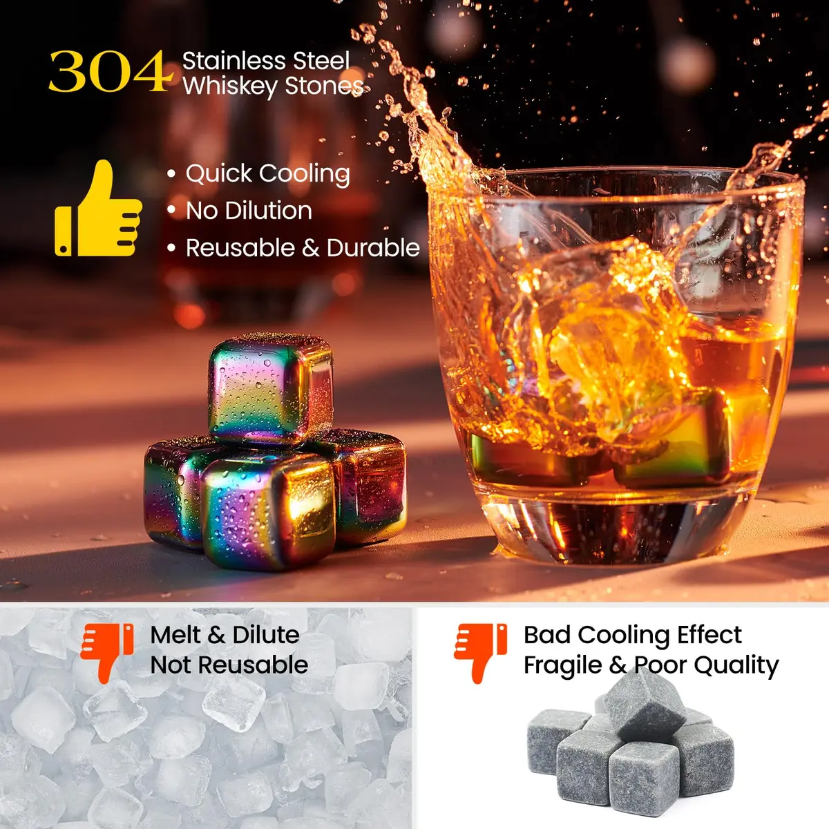 Kollea Whiskey Stones 8-Pack Stainless Steel Chilling Rocks Set, Multicolor | Reusable Ice Cubes for Drinks - view 2
