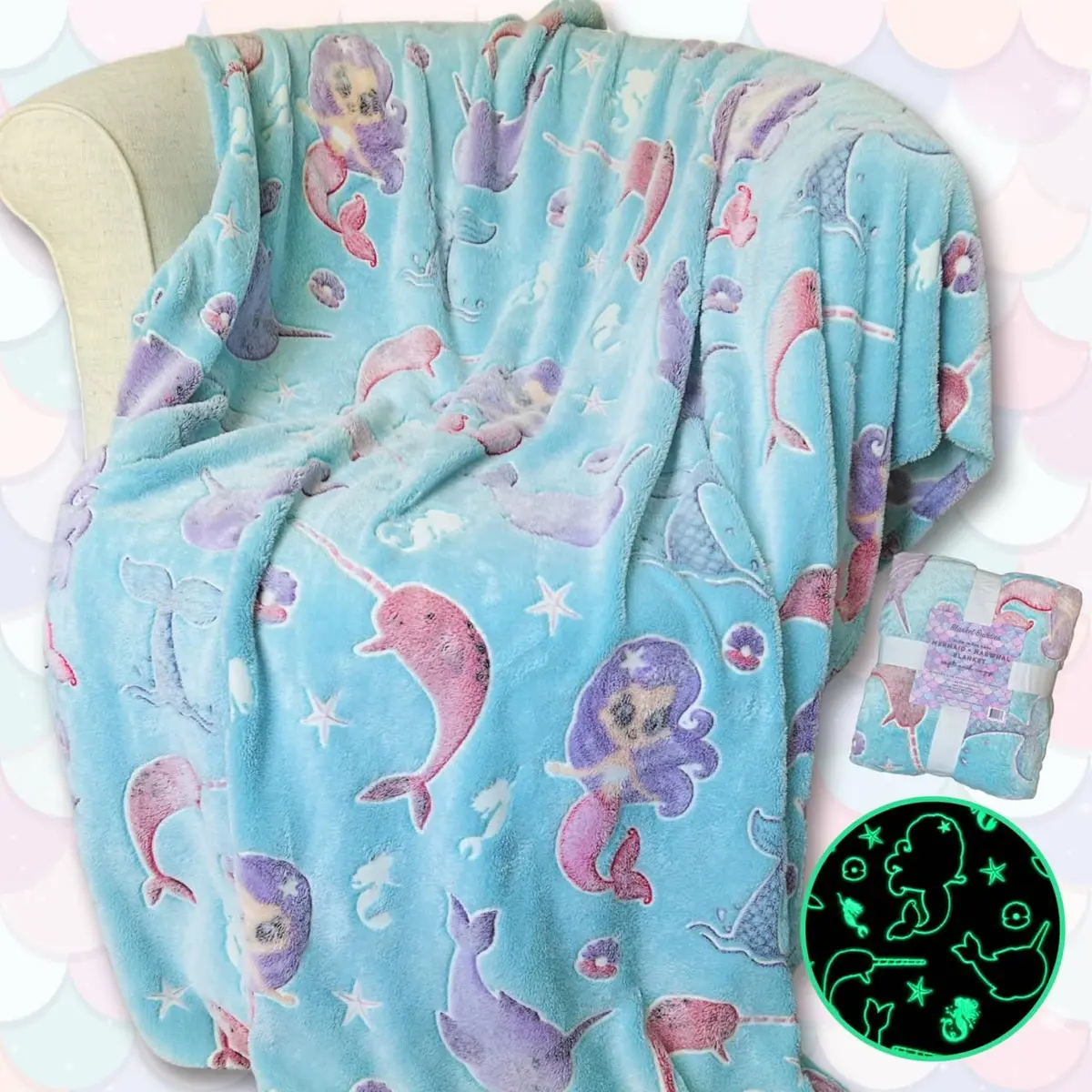 Blanket Buddies Mermaid Narwhal Throw Blanket Glow in The Dark 127cm x 152cm (50" x 60") | Cozy Fleece for Kids - main product image