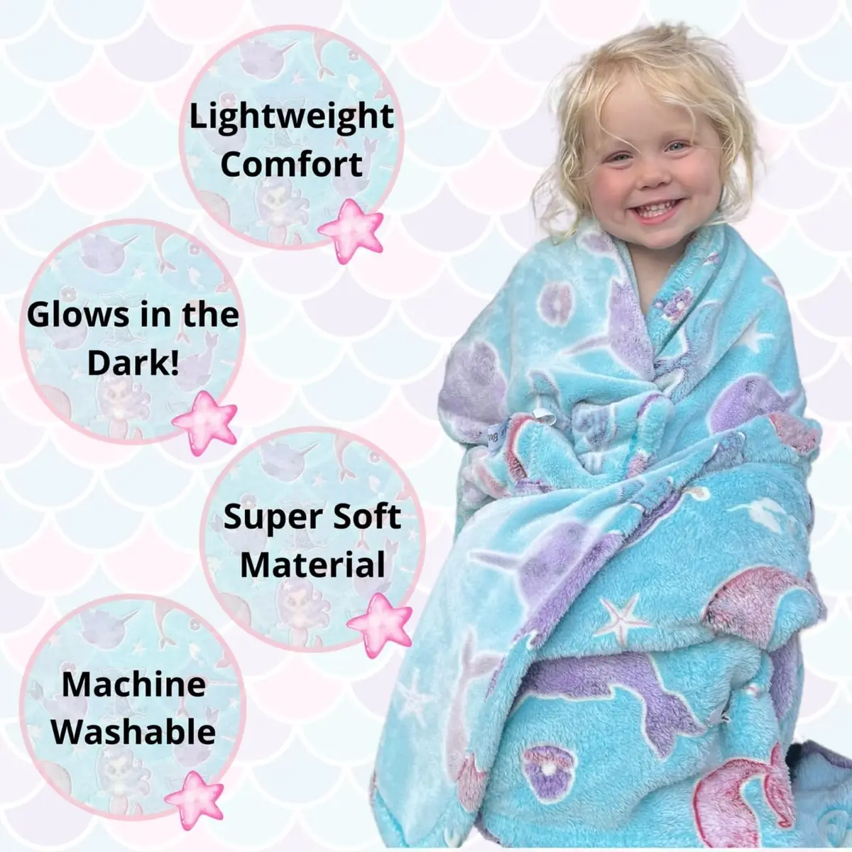 Blanket Buddies Mermaid Narwhal Throw Blanket Glow in The Dark 127cm x 152cm (50" x 60") | Cozy Fleece for Kids - view 2