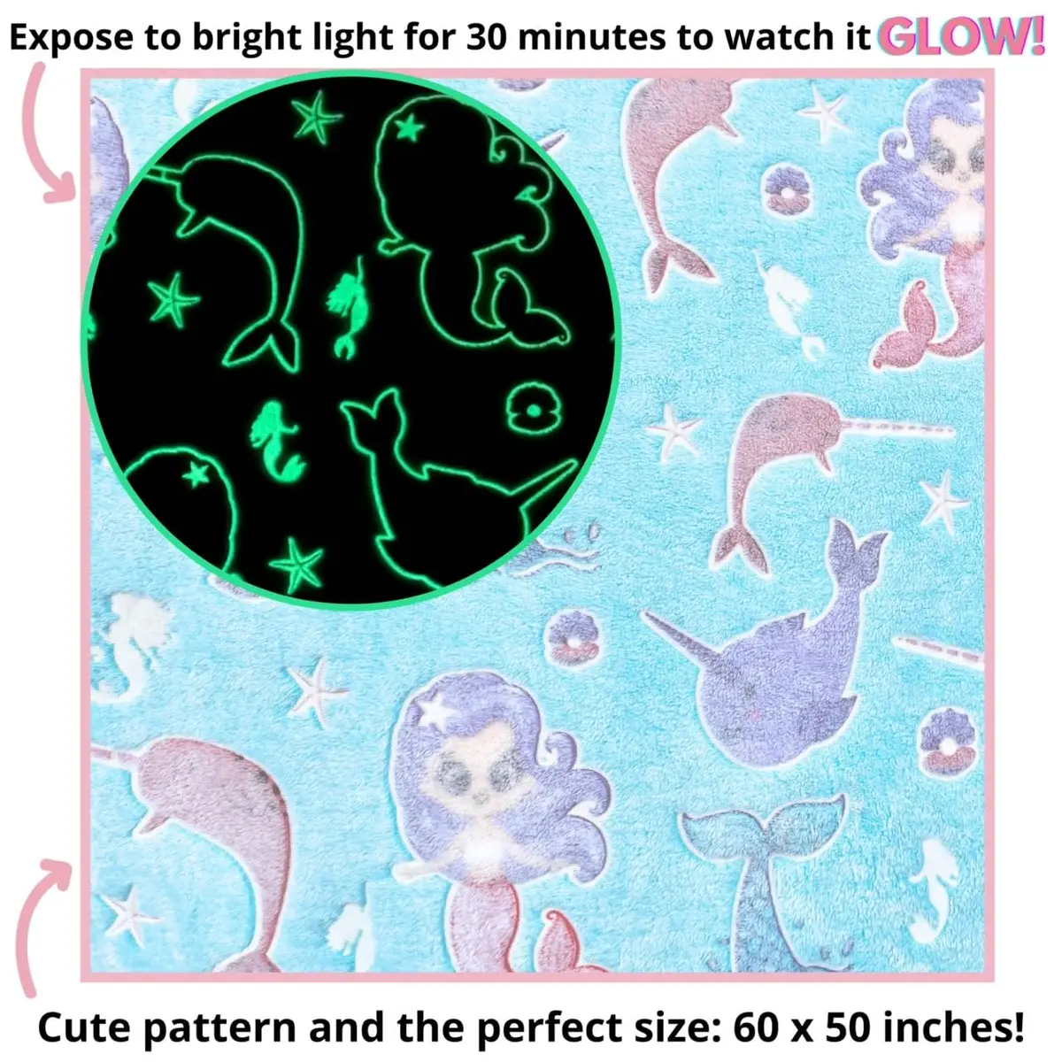Blanket Buddies Mermaid Narwhal Throw Blanket Glow in The Dark 127cm x 152cm (50" x 60") | Cozy Fleece for Kids - view 3