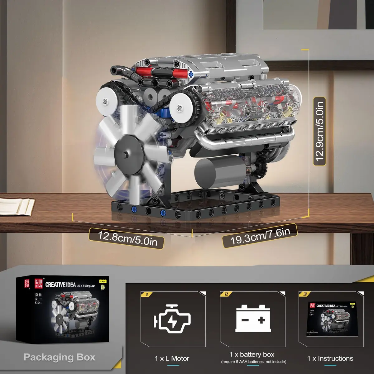 Mould King 10088 V8 Engine Model Kit - 535 Pcs for Adults | Realistic Mechanical Build with Moving Pistons - view 6