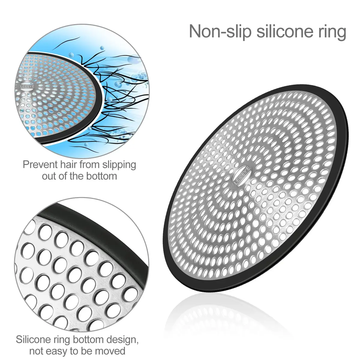LEKEYE Black Shower Drain Hair Catcher Strainer 11.9cm x 11.9cm x 1cm | Prevents Clogs & Catches Hair - view 5