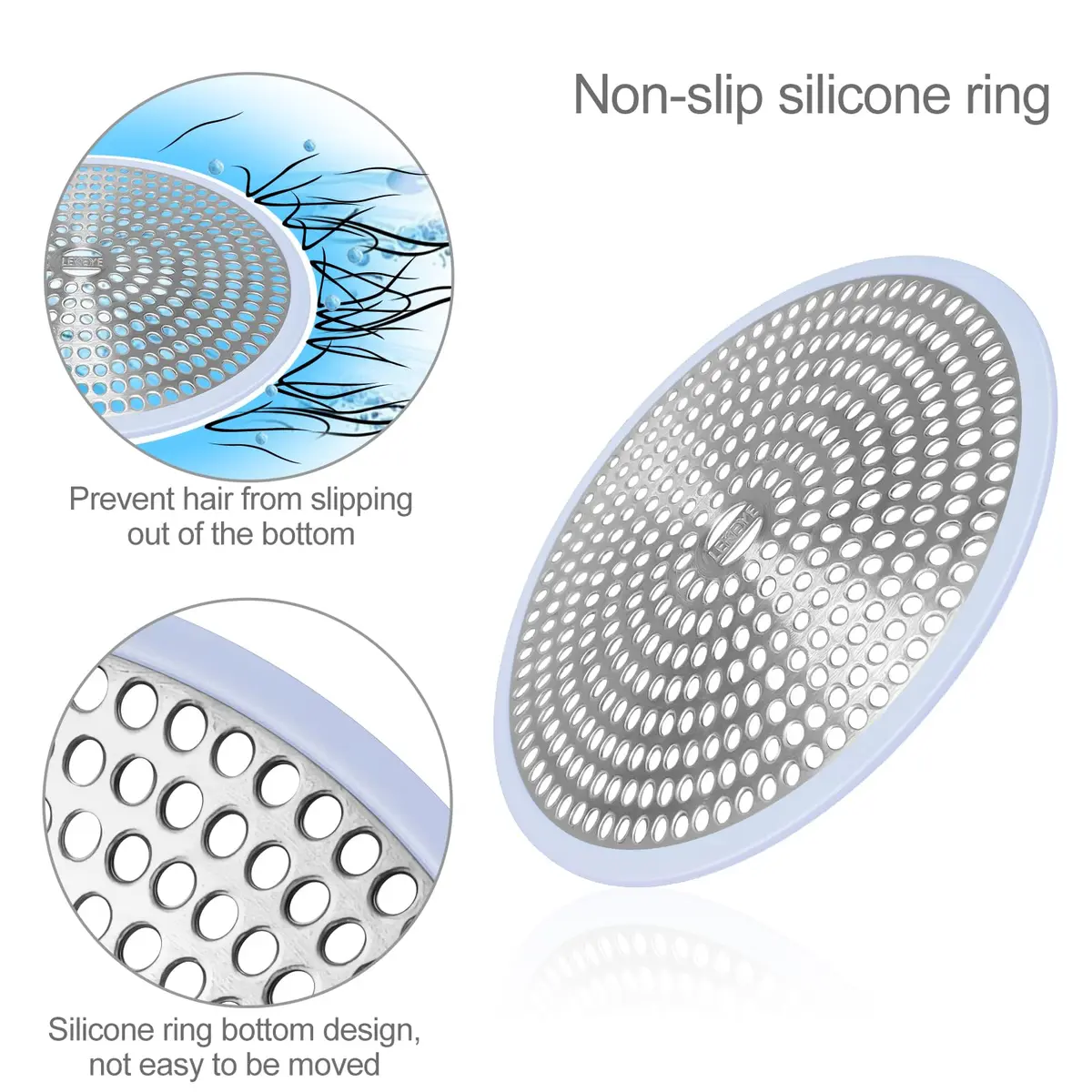 LEKEYE Shower Drain Hair Catcher Stainless Steel & Silicone Light Blue | Prevents Clogs & Catches Hair - view 5