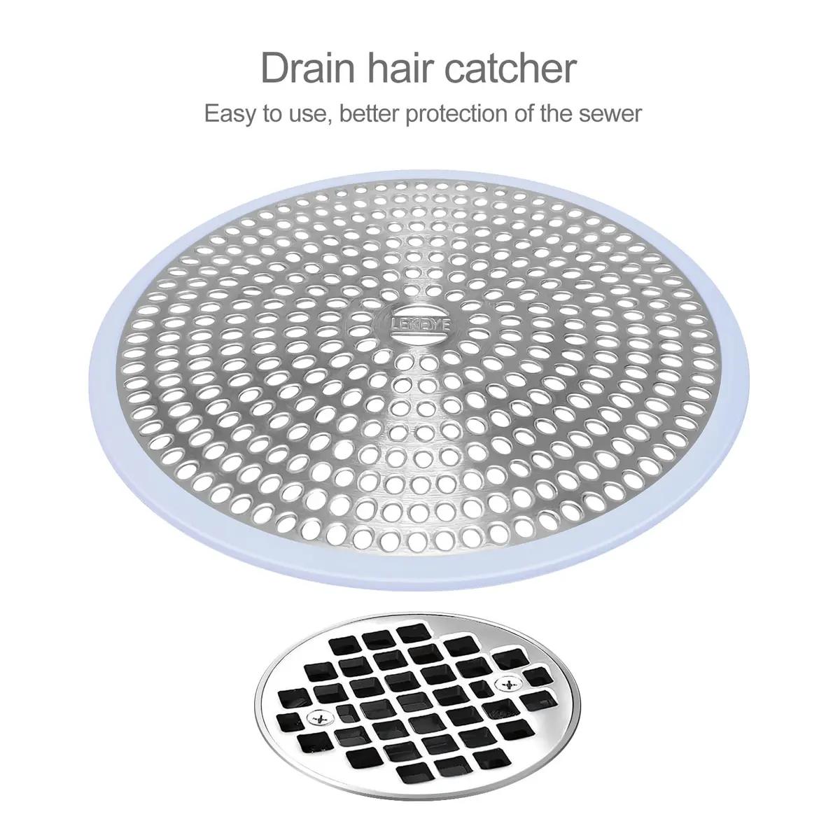 LEKEYE Shower Drain Hair Catcher Stainless Steel & Silicone Light Blue | Prevents Clogs & Catches Hair - view 2