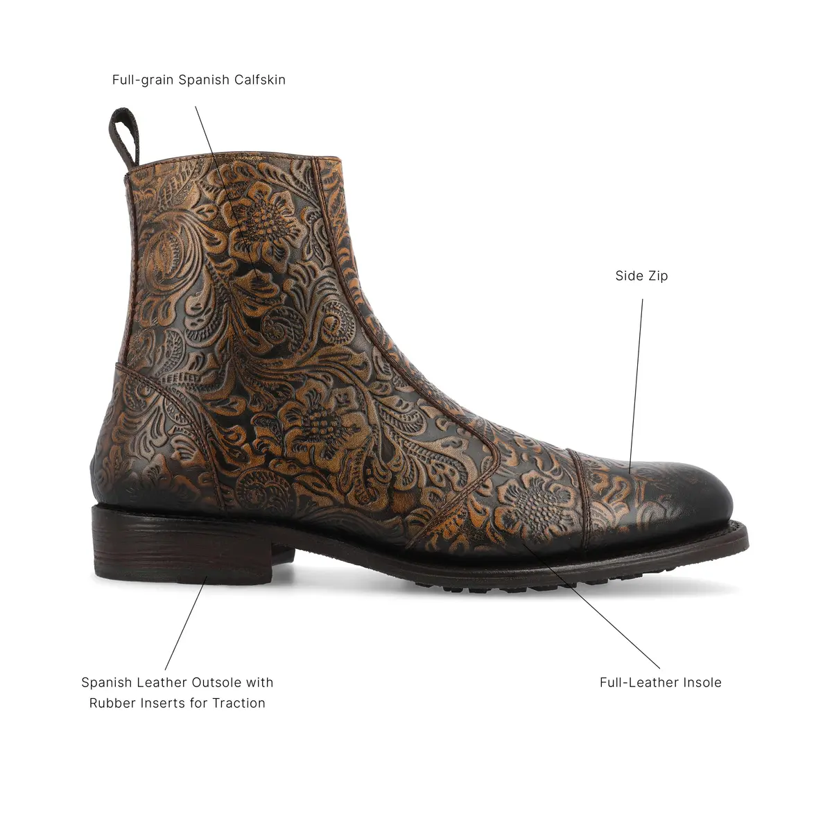 TAFT Mens Lewis Genuine Leather Floral Embossed Sidezip Ankle Boot 13 Medium | Cushioned Block Heel Casual Dress Shoe - view 5