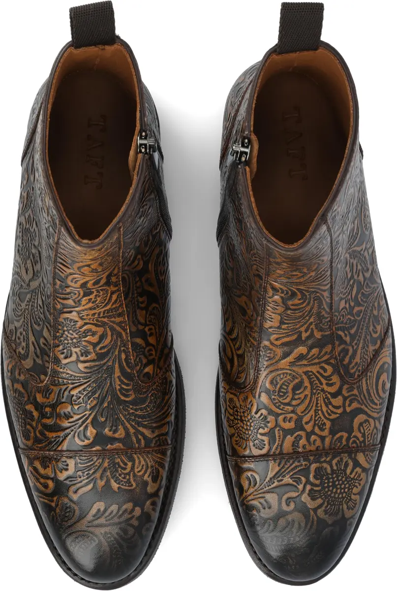 TAFT Mens Lewis Genuine Leather Floral Embossed Sidezip Ankle Boot 13 Medium | Cushioned Block Heel Casual Dress Shoe - view 4