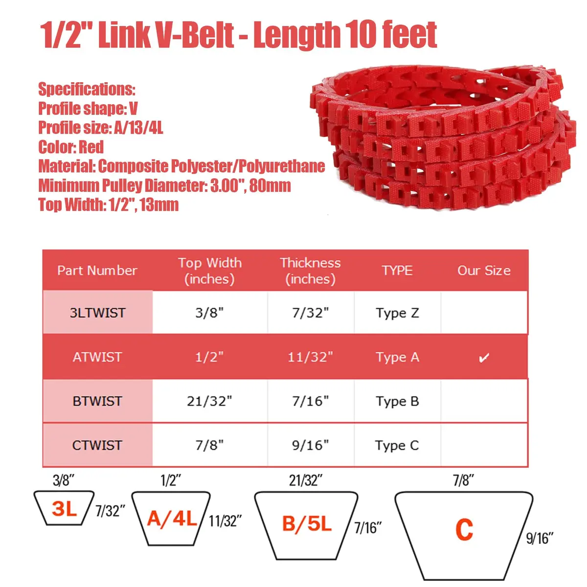 Poweka Adjustable Link V-Belt 1/2-Inch x 10 Feet (15.24 cm x 3.05 m) | Easy Install, Low Vibration, High Strength - view 3