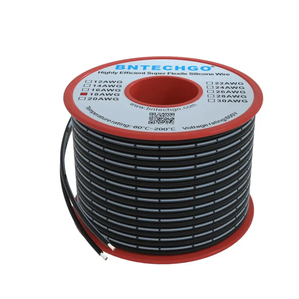 BNTECHGO 18 AWG Silicone Ribbon Wire 2P Black 15.24 m (50 ft) | High Flexibility, 600V Rated - main product image