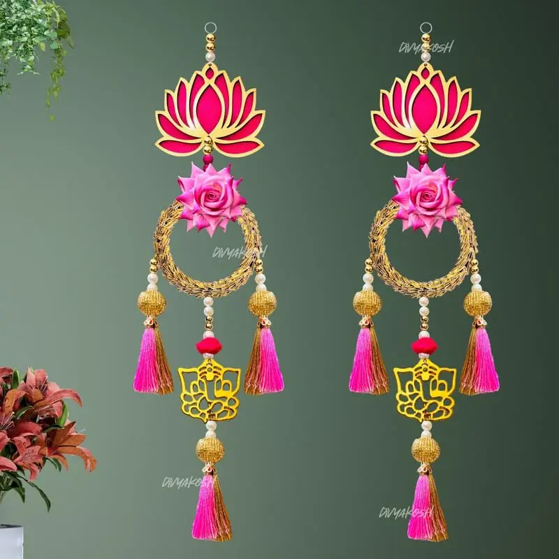 Divyakosh Rosewood Lotus Flower Wall Hanging Set of 2 (58 cm / 22.8 in) | Handmade Traditional Indian Decor - view 2