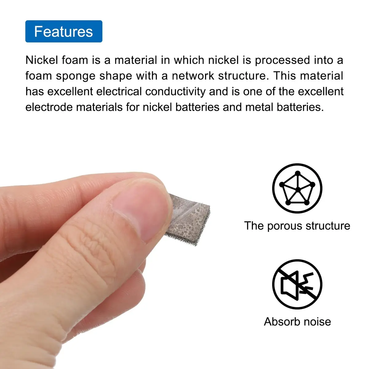 MECCANIXITY Nickel Foam Electrode 20mm x 10mm x 1mm | Porous Conductive Foam for Batteries & Noise Absorption - view 4