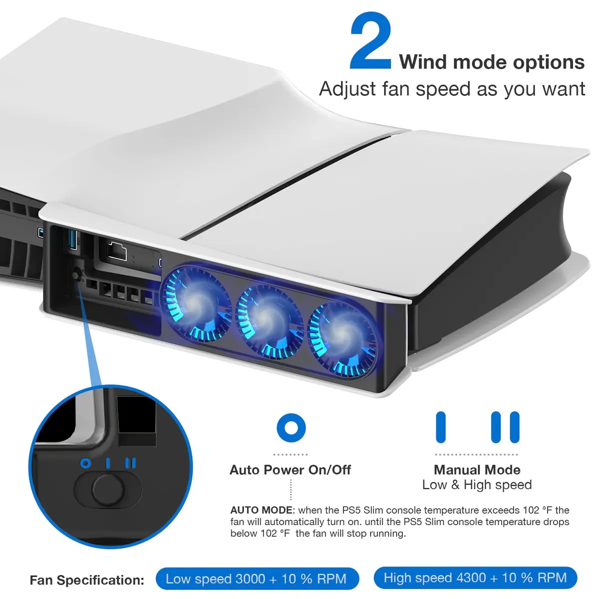 JUSPRO Cooling Fan for PS5 Slim Console Digital & Discs Edition | Upgraded Quiet Cooler with Blue LED Light - view 6